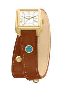 Reloj cuadrado en tono dorado con esfera blanca, correa de cuero marrón, acentos en turquesa y herrajes dorados. Marcadores con números romanos y un display de fecha a las 6.