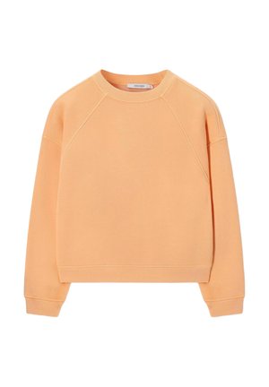 Sweat-shirt orange clair à manches longues avec col rond, poignets et ourlet côtelés, présenté à plat sur fond blanc.