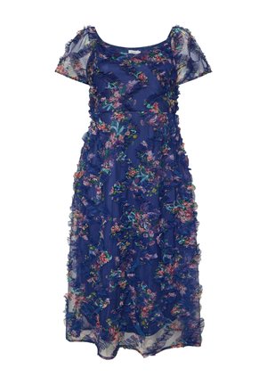 Blå midilængde blomsterkjole med korte pufærmer, gennemsigtigt stof og rynket tekstur over det hele.