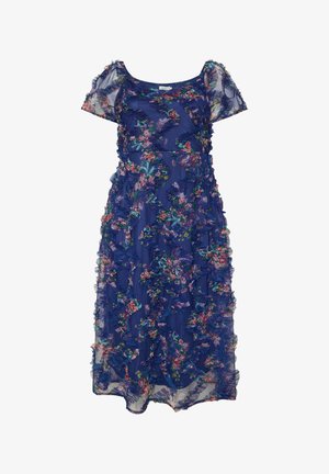 Blaues Midikleid mit Blumenmuster, kurzen Puffärmeln, transparentem Stoff und durchgehend geraffter Struktur.