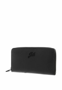 Portefeuille en cuir noir avec une finition texturée, fermeture éclair et logo embossé à l'avant. Forme rectangulaire aux bords arrondis.