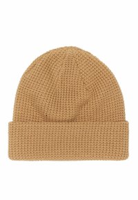Knit kapica u toploj bež boji s teksturiranim uzorkom, koja ima preklopni rub na dnu za podešavanje veličine i udobnost.