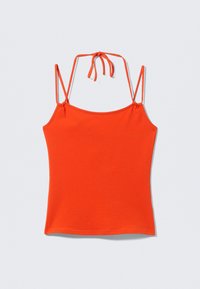 Top arancione senza maniche con spalline sottili. Progettato con una silhouette aderente, texture liscia e dettaglio regolabile con legatura sul retro.