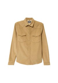 Camicia a maniche lunghe in velluto a coste di colore marrone chiaro, con chiusura a bottoni sul davanti e due tasche sul petto con flap e bottoni.