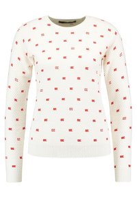 Weißer Strickpullover mit einem strukturierten Muster, das kleine rote Fahnen und Akzente mit dem "AB"-Logo zeigt. Mit gerippten Bündchen und Saum. Rundhalsausschnitt.