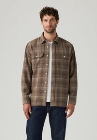 Uomo che indossa una camicia a quadri marrone sopra una t-shirt bianca e jeans blu scuro, in piedi contro uno sfondo chiaro e uniforme.