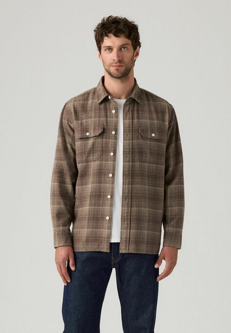 Mann trägt ein braunes kariertes Hemd über einem weißen T-Shirt und dunkelblauen Jeans, steht vor einem schlichten hellen Hintergrund.