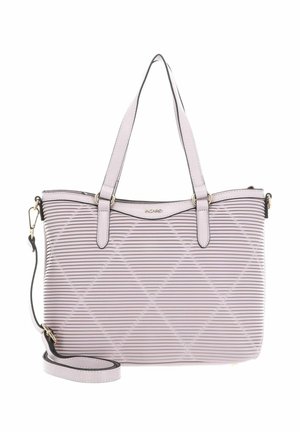 Hellviolette Handtasche mit geripptem Muster und Diamant-Design. Verfügt über zwei Griffe, einen abnehmbaren Schulterriemen und goldene Akzente.