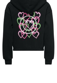 Haut à capuche noir court avec un grand design graphique au dos représentant un visage souriant entouré de cœurs roses et verts.