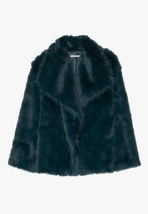 Cappotto in pelliccia sintetica di un intenso color te al profondo, con una texture morbida e soffice, dotato di un ampio colletto, caratterizzato da un design aperto e senza chiusure visibili.