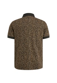 Kortærmet polo shirt i mørkebrun med et struktureret mønster af lysebrune linjer. Har en sort krave og manchetter.