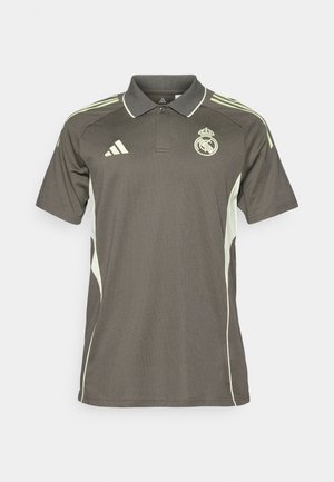 Tamsiai pilkas polo marškinėlis su šviesiai žaliomis detalėmis, tekstūruotas audinys, apykaklė ir trumpomis rankovėmis, su logotipu ant krūtinės ir trimis juostelėmis ant pečių.