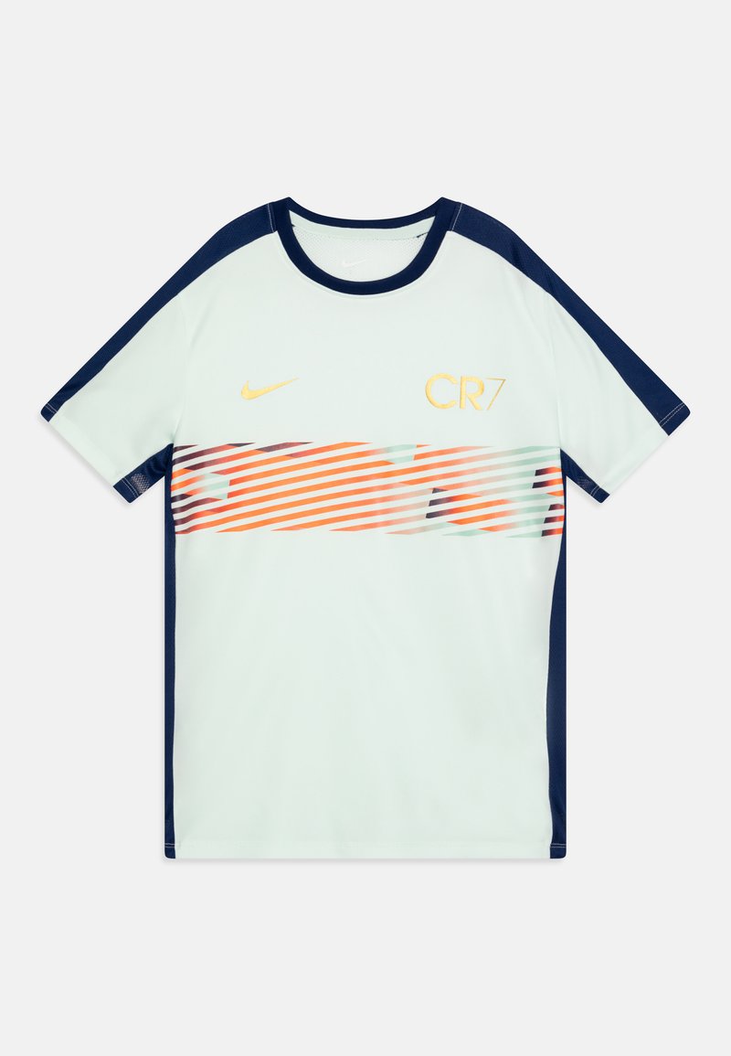 Camisa desportiva branca de manga curta com mangas azuis-marinho, riscas diagonais laranja e verde no peito, logótipo dourado da Nike e marca CR7.