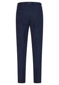 Navy-gestreifte Hose aus glattem Stoff mit geradem Bein, zwei Gesäßtaschen und einem Bund mit Gürtelschlaufen für eine passgenaue Passform.