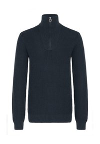 Knitted sweater in dark navy with a high collar. Features a quarter zip closure and ribbed texture on sleeves and body.