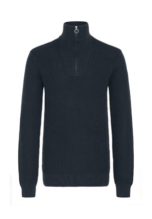 Sötét tengerészkék kötött pulóver magas gallérral. Negyed cipzárral záródik, és bordás textúrával rendelkezik a ujjakon és a testen.