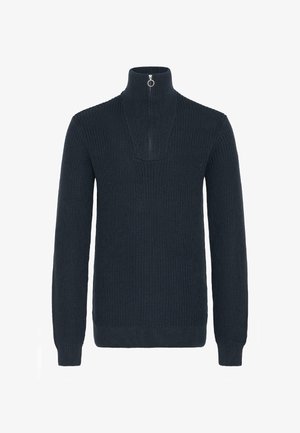 Sötét tengerészkék kötött pulóver magas gallérral. Negyed cipzárral záródik, és bordás textúrával rendelkezik a ujjakon és a testen.