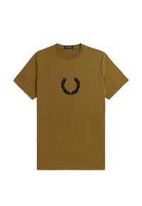 T-shirt in cotone verde oliva con scollatura rotonda e maniche corte, con un emblema di alloro nero sul petto.