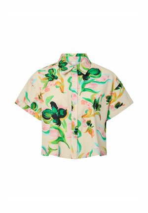 Lühikeste varrukatega beež nööpidega särk abstraktse rohelise, roosa ja kollase lillemustriga ning klassikalise kraega.