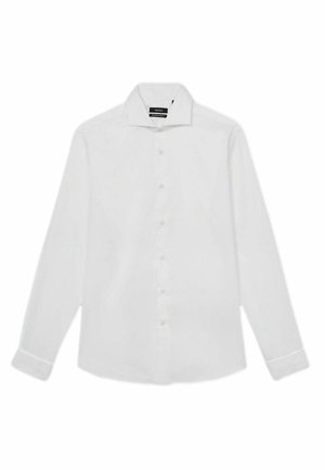 Fehér, hosszú ujjú ing, könnyű anyagból készült, hegyes gallérral, elülső gombos záródással és gombos mandzsettával. Simább textúrával.