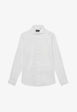 Fehér, hosszú ujjú ing, könnyű anyagból készült, hegyes gallérral, elülső gombos záródással és gombos mandzsettával. Simább textúrával.