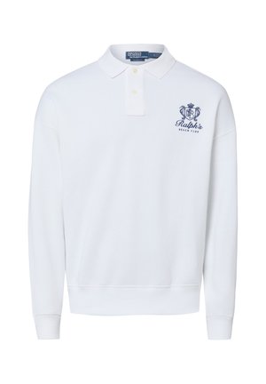 Biała koszulka polo z długim rękawem, kołnierzykiem, dwoma guzikami i granatowym haftowanym logo "Ralph's Beach Club" na lewej piersi.