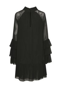 Rochie din chiffon negru cu un gât înalt, deschidere în formă de cheie și mâneci cu volane. Prezintă volane suprapuse la tiv pentru un plus de textură.