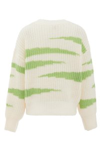 Kötött pulóver laza szabással, krémszínű, texturált zöld absztrakt csíkokkal. Bordás neckline, mandzsetta és szegély.