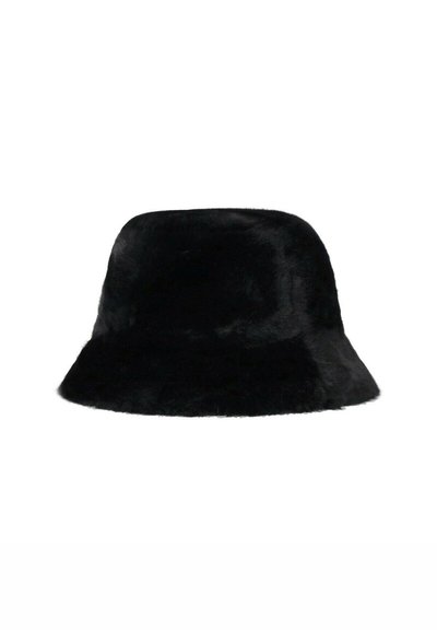 Must must kottidega must faux-fur kott, millel on veidi ümar ülemine osa ja lai, allapoole kaldu ääreosa. Pehme tekstuur ühtlase, plüüsise pinnaga.