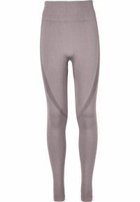Lys grå leggings med høj talje, der har en ribbet tekstur og kontrasterende glatte sidelommer. Pasformen er tætsiddende og tapered.