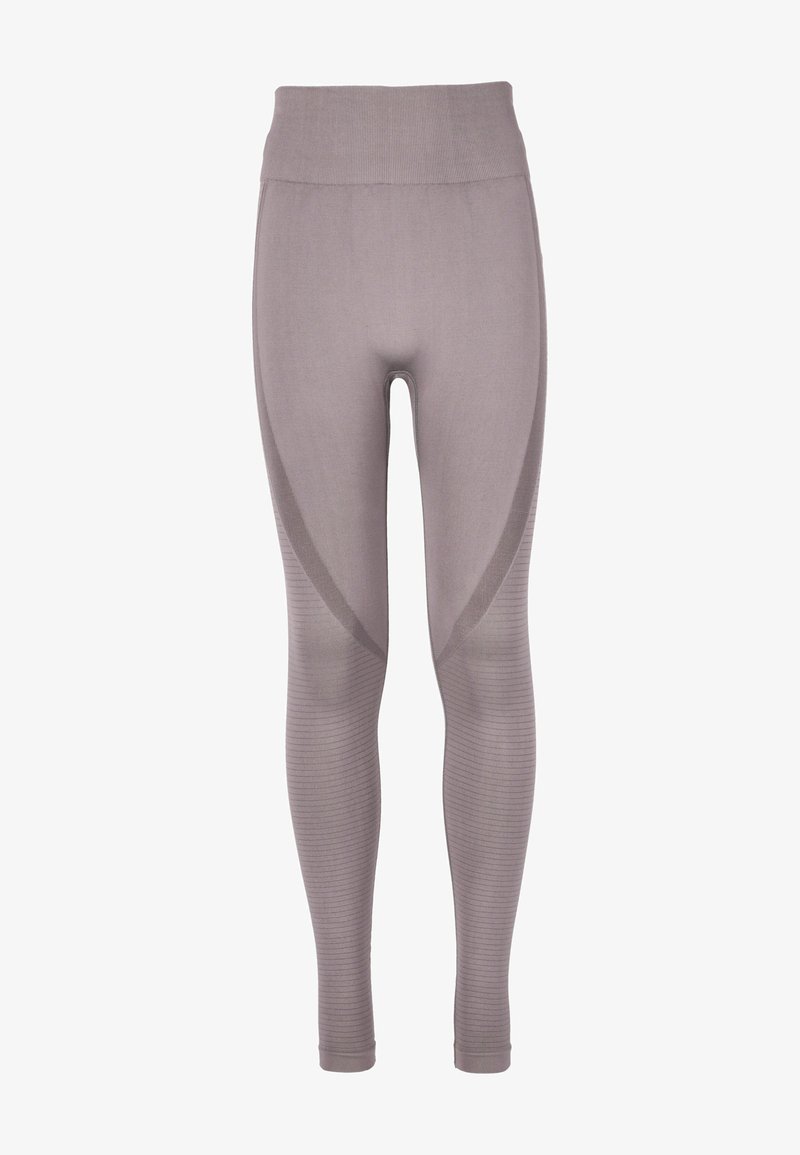 Lichtgrijze leggings met een hoge tailleband, voorzien van een ribbeltextuur en contrasterende gladde zijpanelen. De pasvorm is aansluitend en taps toelopend.