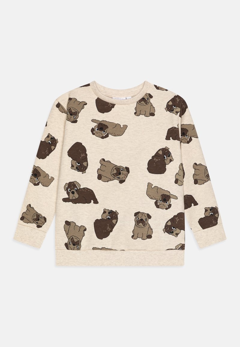 Sweatshirt beige avec un motif répétitif d'illustrations de carlins marron en dessin animé, à manches longues et avec un col côtelé.