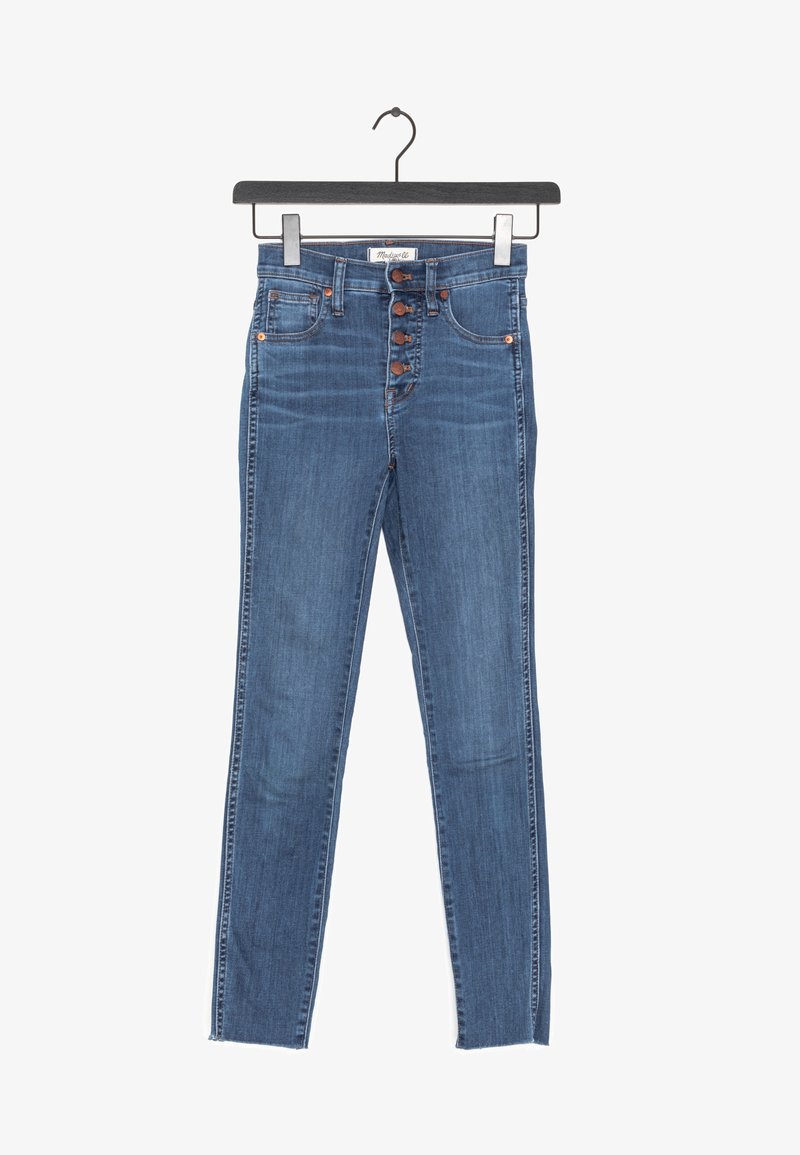 Blue denim jeans with high waist, five-button front, slim fit, and contrasted stitching. Features front and back pockets, and a smooth texture.