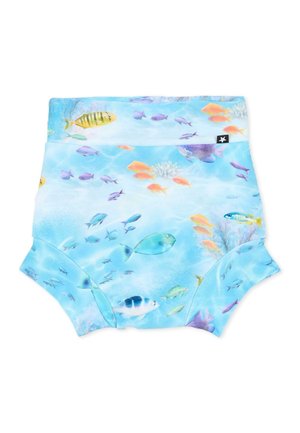 Pannolino da nuoto per neonati con motivo di pesci sottomarini blu che presenta vari pesci colorati e coralli su sfondo azzurro chiaro.