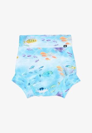 Culotte de bain pour bébé avec motif de poissons sous-marins bleus comportant différents poissons colorés et coraux sur un fond bleu clair.