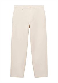 Beige Gerade-Passform-Hosen aus weichem Stoff, mit Gürtelschlaufen, Reißverschluss und zwei Seitentaschen. Sauberes, minimalistisches Design.