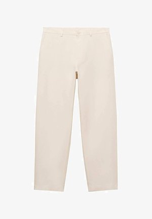 Bežové nohavice s rovnými nohavicami vyrobené z mäkkej tkaniny, s pútkami na opasok, zipsom a dvoma bočnými vreckami. Čistý, minimalisticý dizajn.