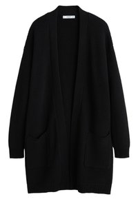 Gilet en tricot noir avec une ouverture à l'avant, des manches longues et deux poches avant. Tissu texturé avec des poignets et un ourlet côtelés.