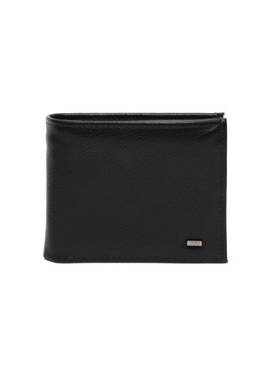 Juodas odinis piniginių su tekstūruota paviršiumi, sulankstomas dizainas ir minimalistiško sidabro akcentas apatinėje dešinėje kampe.