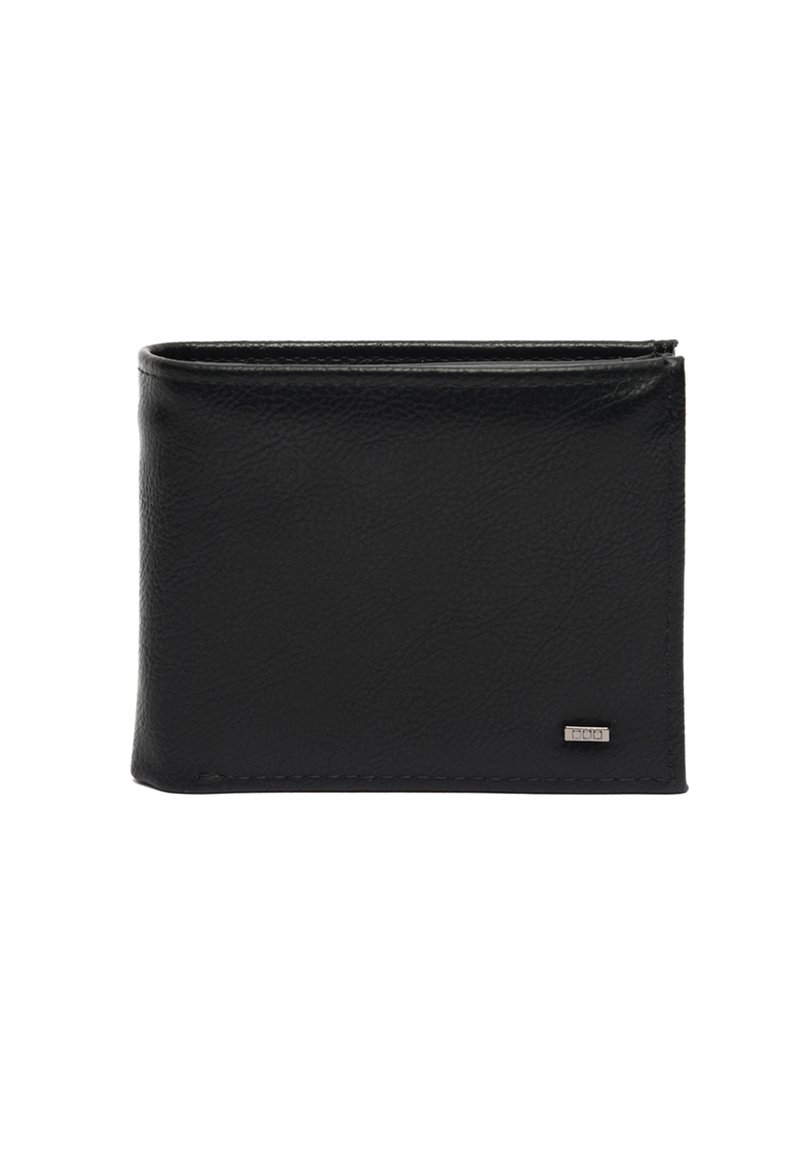 Crni kožni novčanik s teksturiranom površinom, dvostruki dizajn i minimalistički srebrni detalj u donjem desnom kutu.
