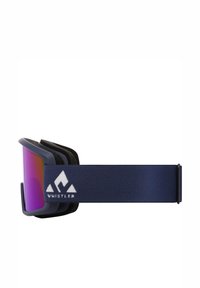 Laivaston ski-lasit, joissa on holosentti linssi, vaahtomuovipehmuste ja leveä kangashihna, jossa on valkoinen logo. Korostunut kulmikas muotoilu.