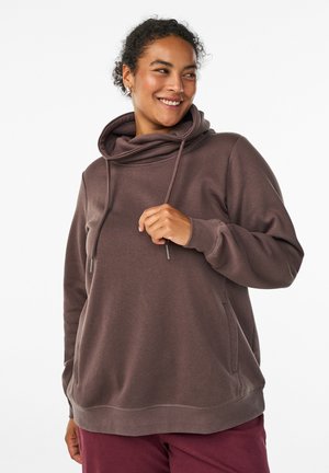 Brown hooded sweatshirt with a relaxed fit, featuring side pockets, drawstring accents, and a textured fabric.