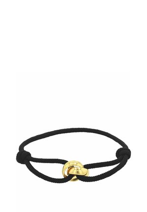 Schwarzes geflochtenes Armband aus Kordel mit zwei ineinandergreifenden, glatten goldenen Ringen als zentrales dekoratives Element.
