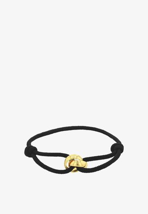 Pulsera de cordón trenzado negro con dos anillos dorados lisos entrelazados como elemento decorativo central.
