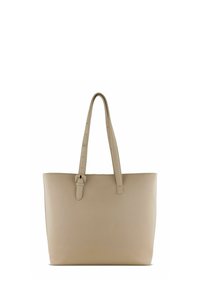 Borsa a tote in pelle beige con una texture liscia, due manici lunghi e un dettaglio a chiusura su una cinghia. Design semplice e rettangolare.