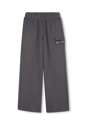 Grijze wijde broek met een elastische tailleband en een zijzak met de tekst "enjoy". Zachte, gestructureerde stof met een losse pasvorm.