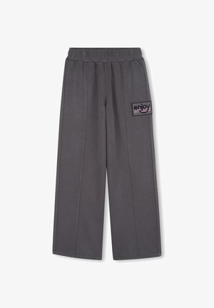 Grijze wijde broek met een elastische tailleband en een zijzak met de tekst "enjoy". Zachte, gestructureerde stof met een losse pasvorm.