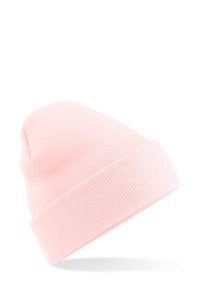 Light pink knitted beanie hat with folded cuff, displayed against a white background.