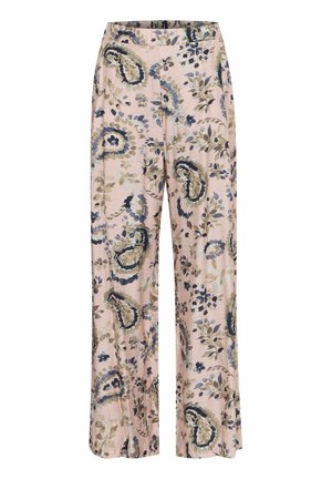 Gaiši rozā platajām biksēm ar ziedu paisley rakstu zilā, zaļā un tumši zilā krāsā. Izgatavotas no mīksta auduma ar gludu tekstūru.