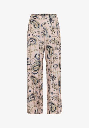 Kerged roosa laia säärega püksid koos lillede ja paisleide printimisega sinise, rohelise ja tumesinise värviga. Valmistatud pehmest kangast, millel on sile tekstuur.